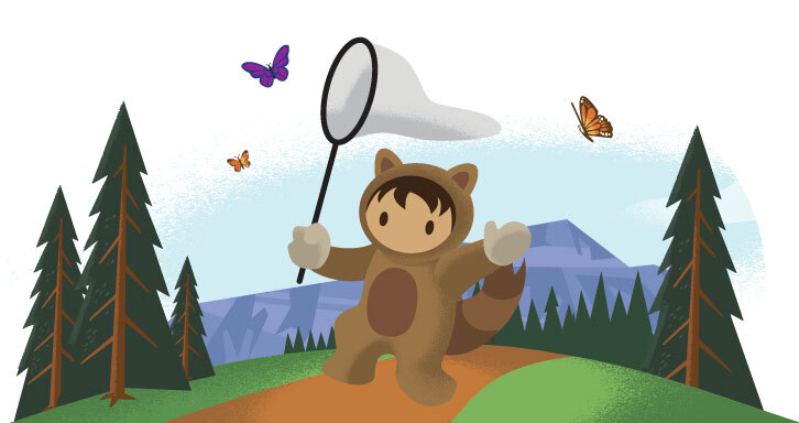 Astro holding a net catching bugs from Salesforce Bug Catcher Games