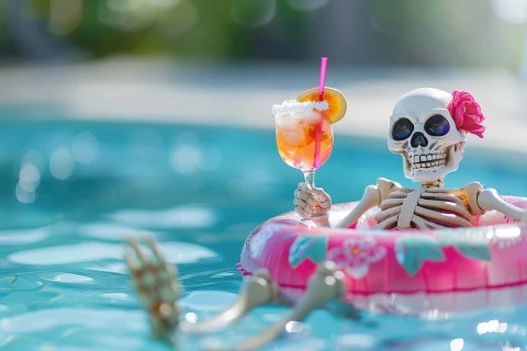 A skeleton floating in an inner tube in a float while drinking a cocktail