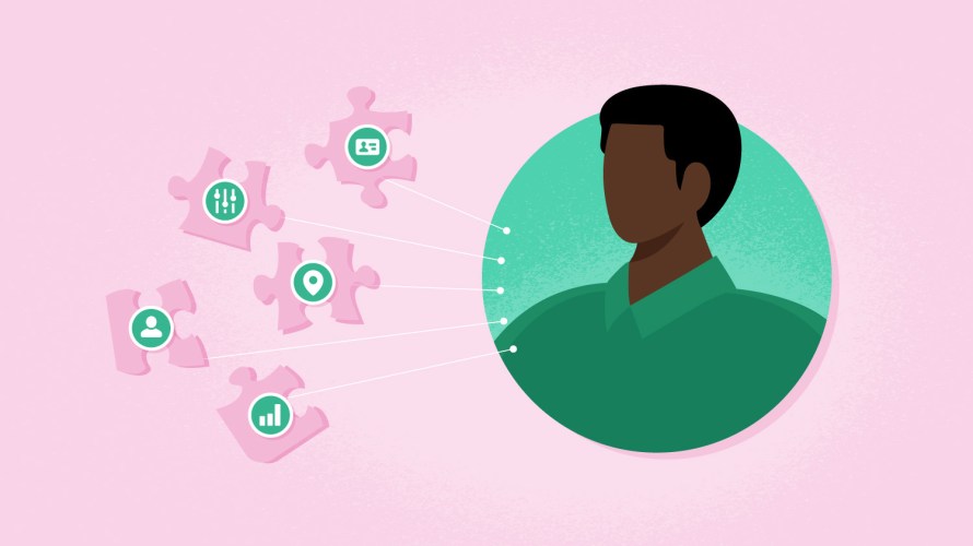 An illustration of a man on a pink background with puzzle pieces representing how an operational customer profile pieces together fragmented customer data.