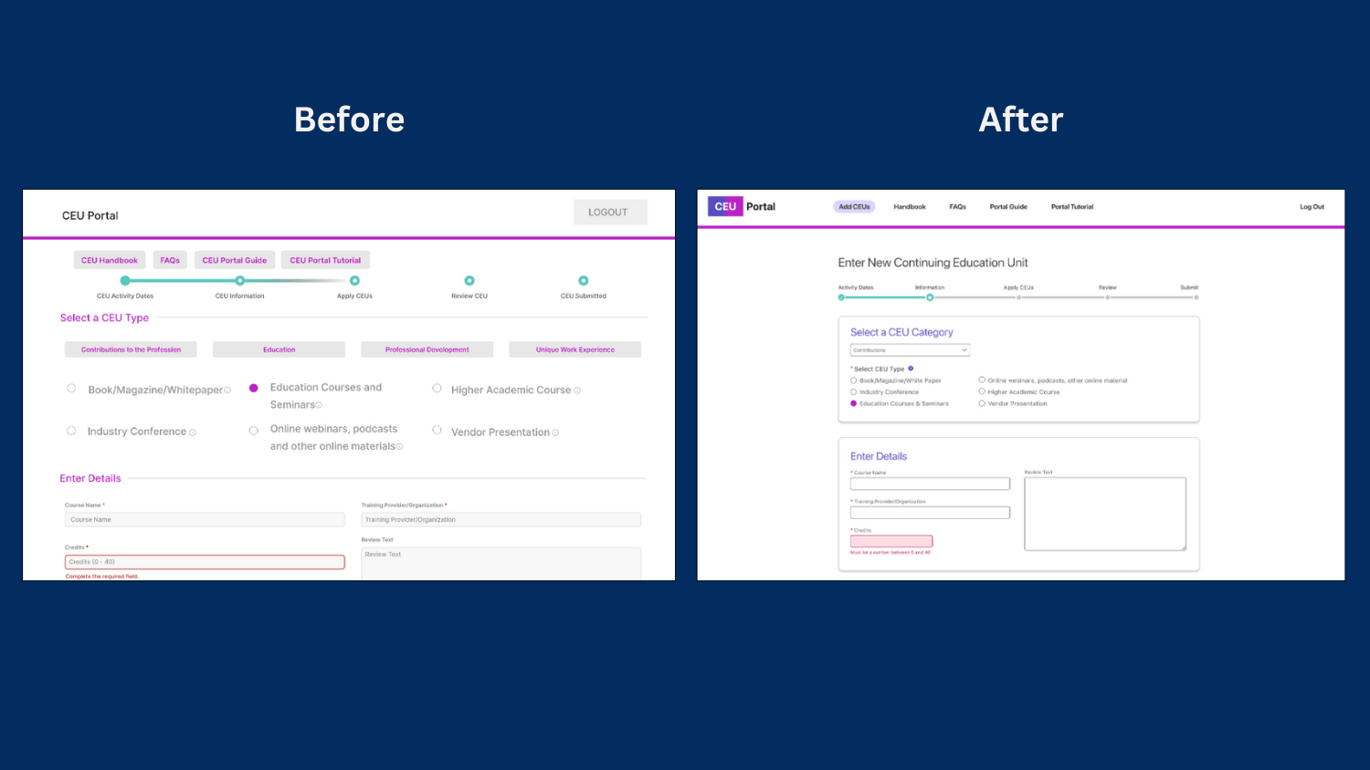 Before and after screens showing the difference between a cluttered layout and one that's streamlined and shows easy-to-follow hierarchy.