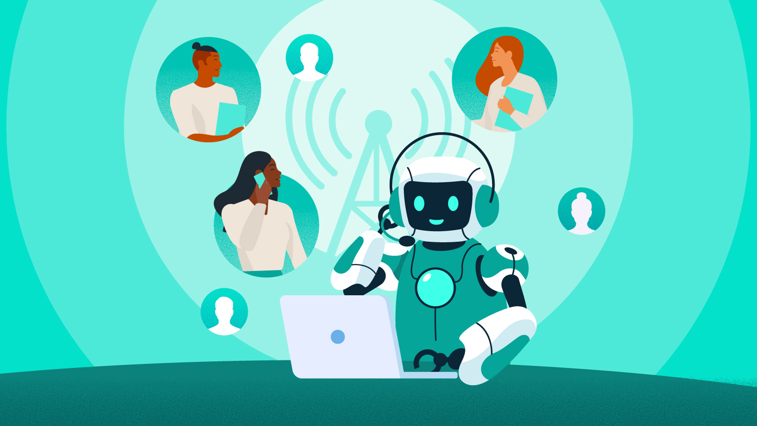 An illustration of a Salesforce AI agent robot interacting with floating task bubbles of human representatives.