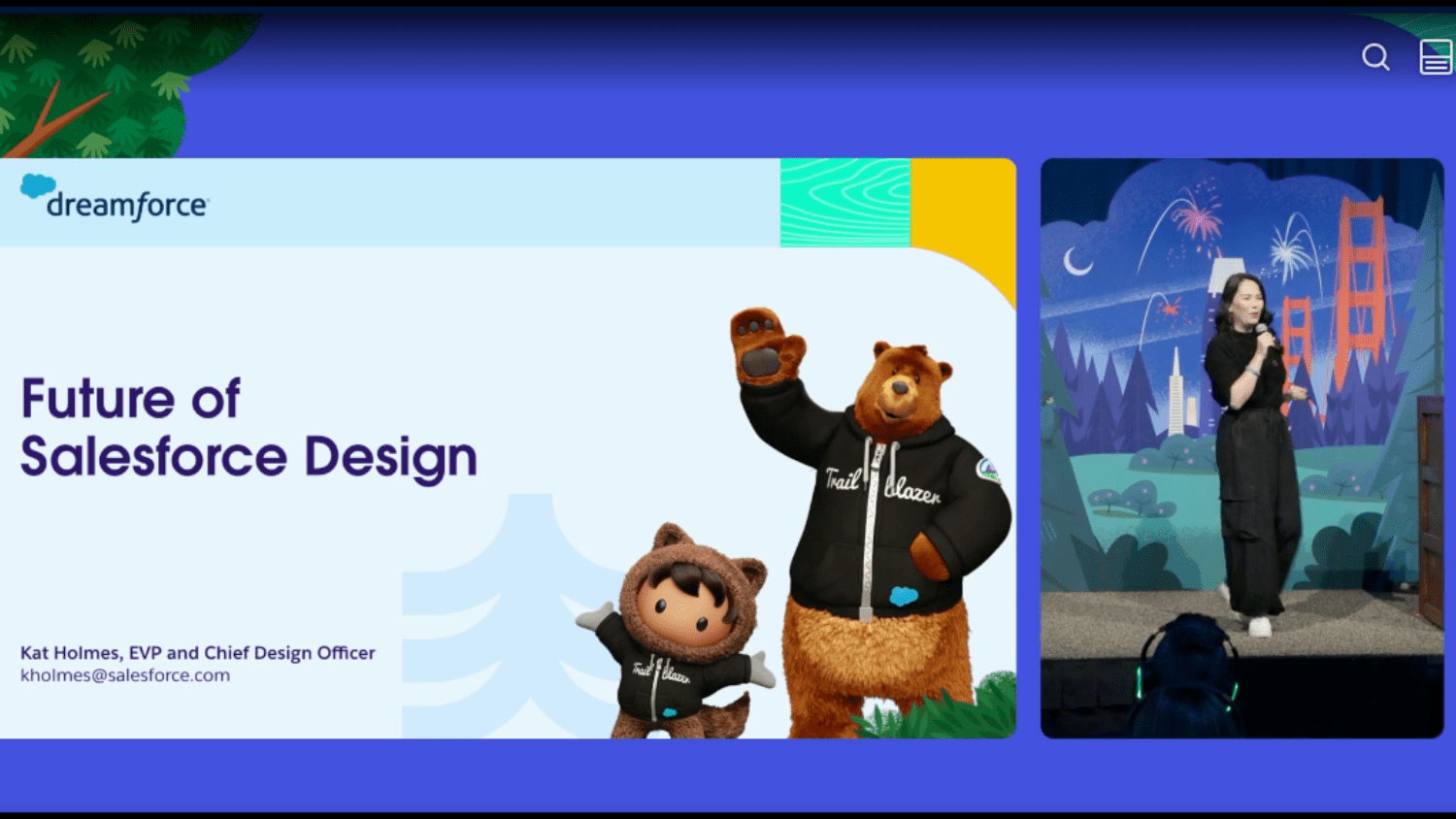 Future of Salesforce Design slide with an inset image of Kat Holmes on stage at Dreamforce.