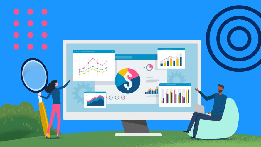 Illustration of people standing in front of a computer screen with graphs and charts to represent sales commission automation.