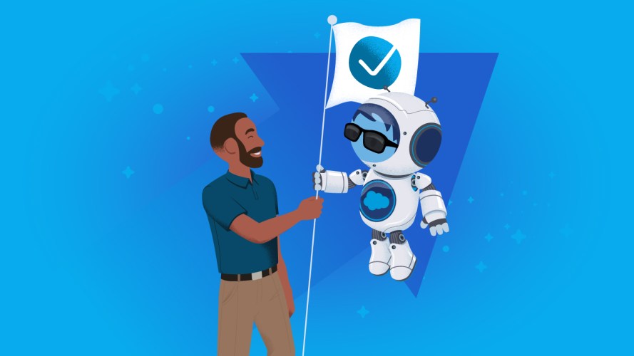 An AI agent and a human worker hold a flag with an image of a checkmark on it: trustworthy AI