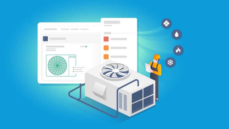 Illustration showing an HVAC machine, with icons representing information flowing from it to a manufacturing connected assets portal.