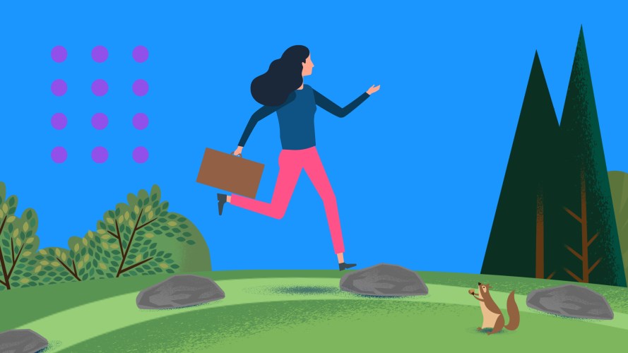 Illustration of a person holding a briefcase and running on a career path representing SDR