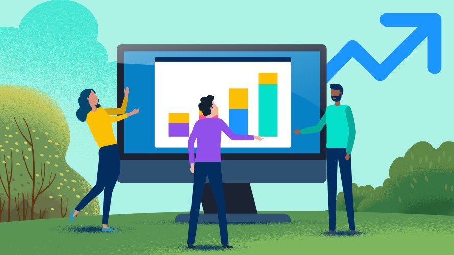 Illustration of people standing in front of a computer with bar charts representing sales capacity planning.