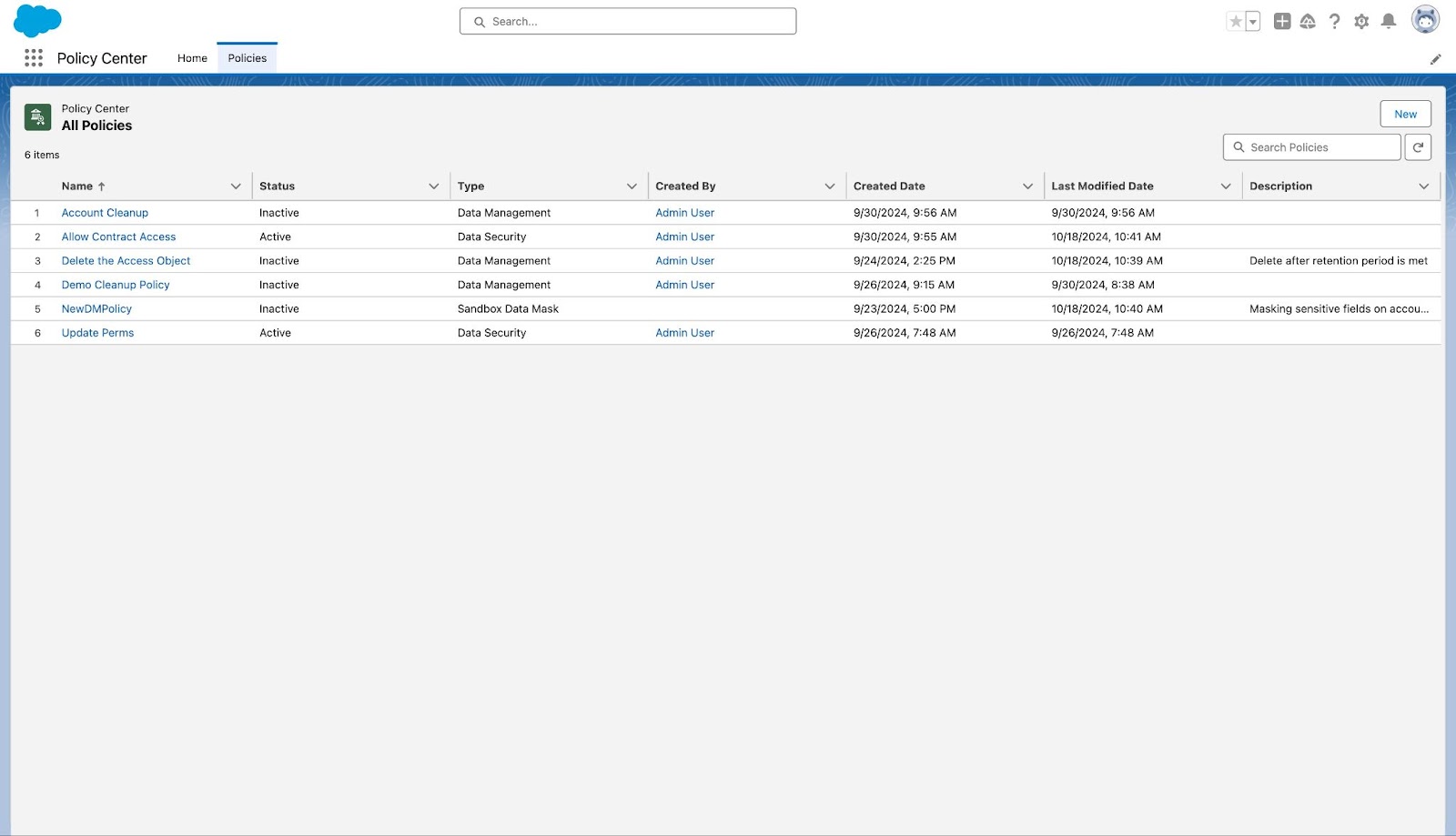 Policy Center Dashboard List View | Policies list in Policy Center brings together all policies created across multiple products, such as Privacy Center and Data Mask. 