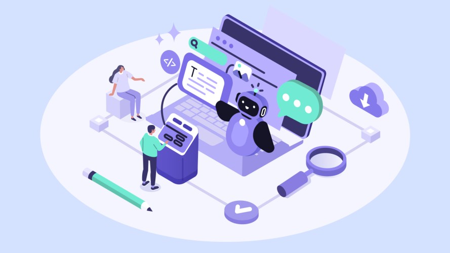 Illustration of artificial intelligence and data analysis featuring a friendly AI robot, people interacting with digital tools, a laptop with code and search icons, and symbols representing cloud storage, magnifying glass for search, and connected workflows.