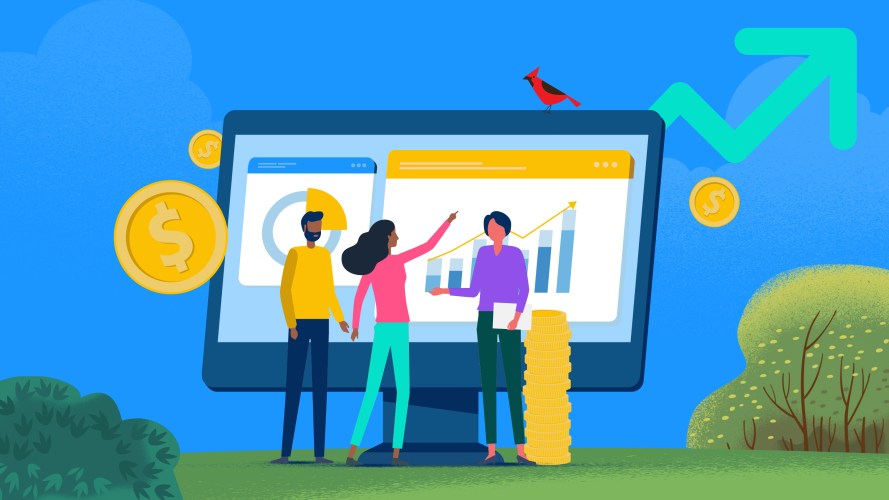 Illustration of three people standing in front of a computer screen with charts and graphs to show commission management.