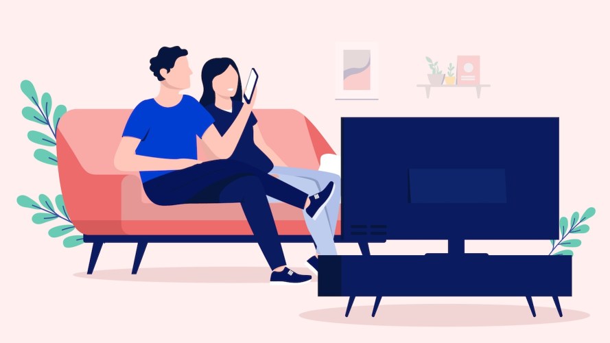 Illustration of a man and woman sitting in sofa surfing on phone and looking at television. / subscriber management