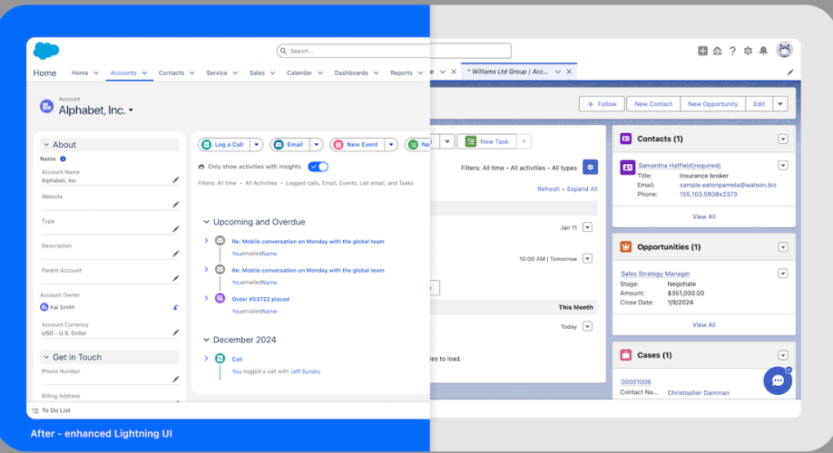 Split-screen of after (left) and before (right) of Salesforce with the new/old UI design.