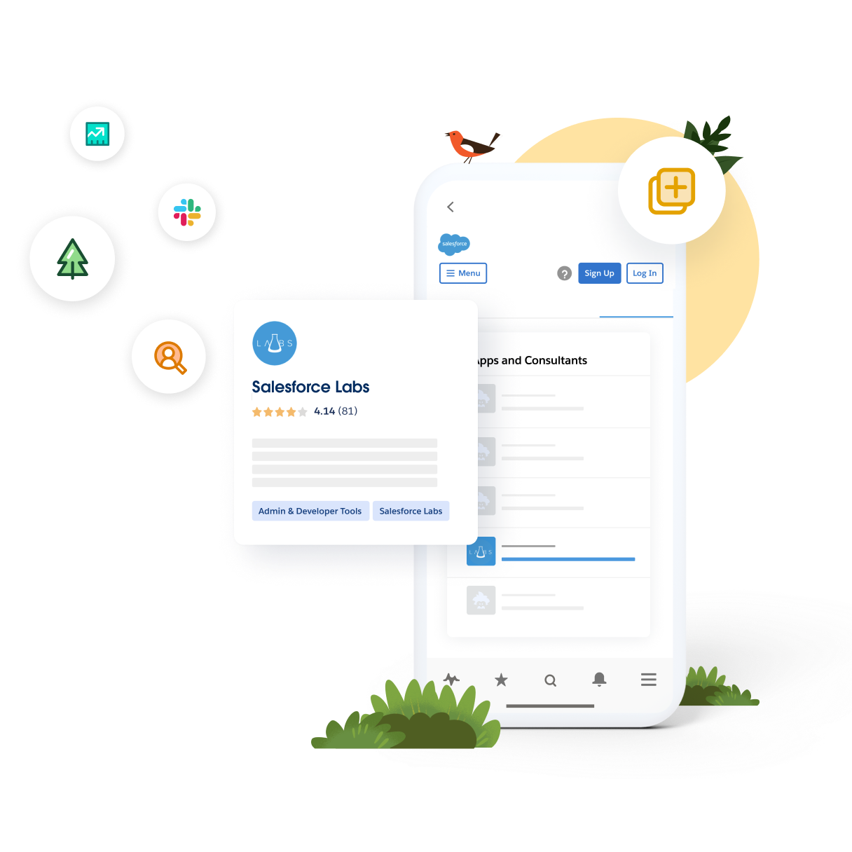 Device displaying Salesforce Labs surrounded by icons