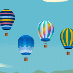 Illustration einer Gruppe bunter Heißluftballons vor blauem Himmel