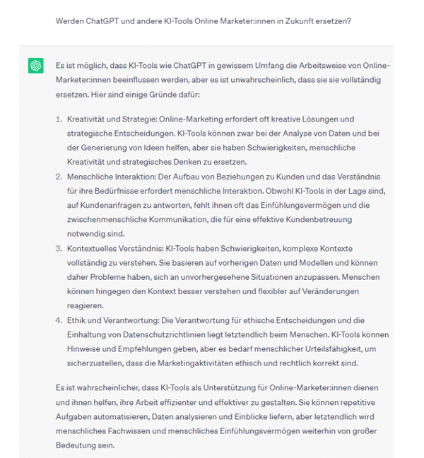 Die Antwort von ChatGPT auf die Frage, ob KI Tools Mitarbeiter ersetzen werden