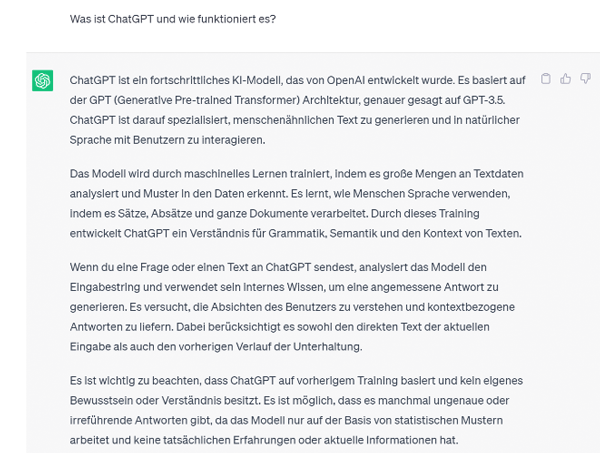 Ein Screenshot aus ChatGPT, der die Antwort auf die Frage "Was ist ChatGPT" zeigt