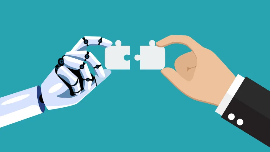 Eine Roboterhand sowie eine menschliche Hand führen zwei Puzzleteile zusammen
