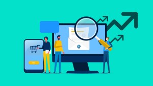 Illustration von Vertriebsmitarbeitern, die vor einem Computermonitor stehen, auf dem der Absatz von Vertriebskanälen mit Diagrammen und Grafiken dargestellt ist, die das Wachstum anzeigen