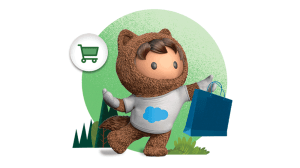 Das Salesforce Maskottchen Astro steht vor einem grünen Kreis und hält eine Einkaufstasche in der Hand