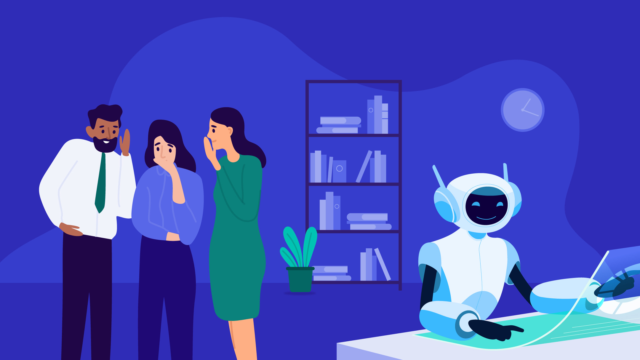 Colleagues gossip as a smiling AI agent works, highlighting common myths about AI agents.