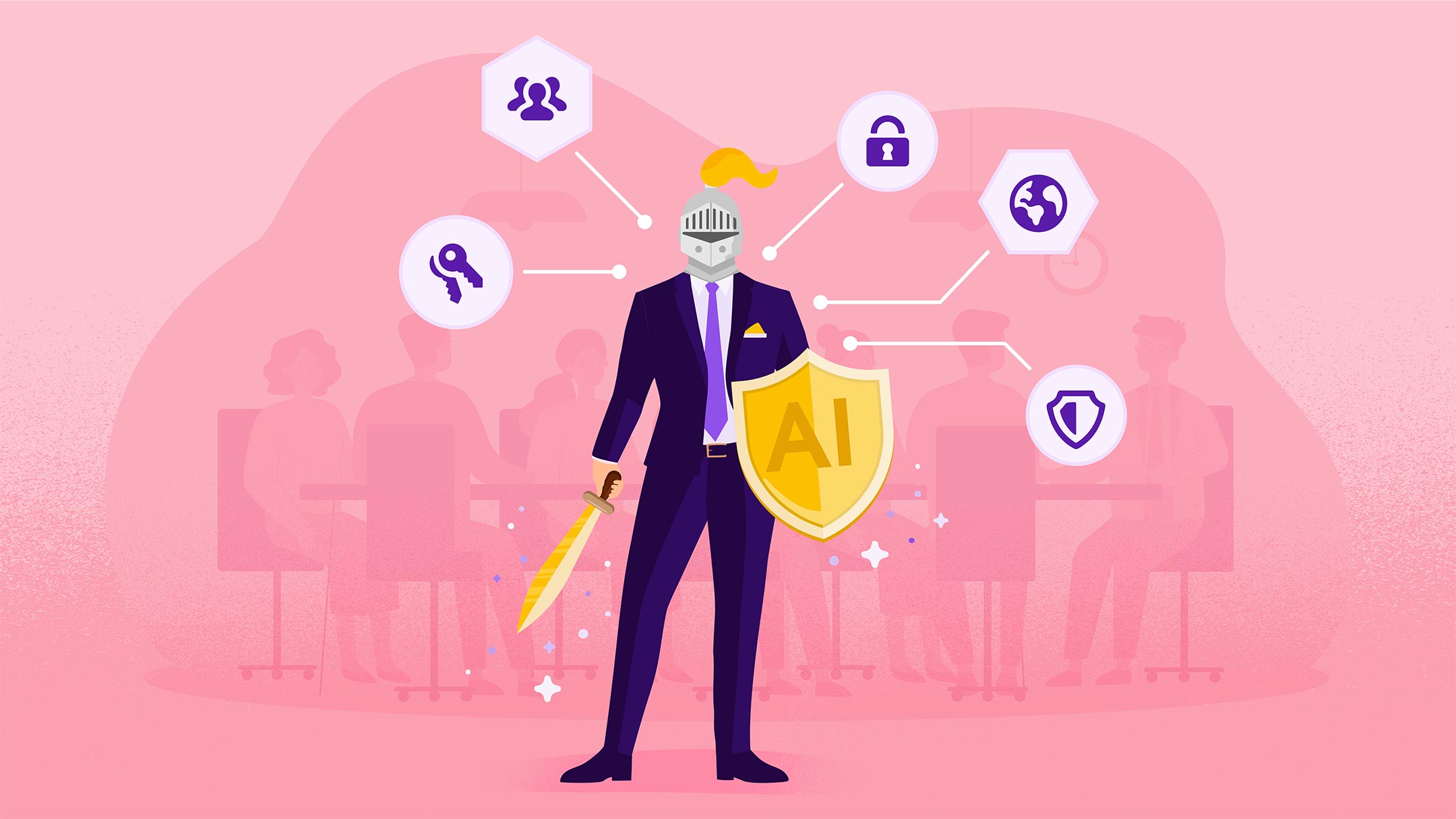 A knight in a business suit stands with an AI shield, symbolising a Chief Information Security Officer (CISO) working towards AI-driven cybersecurity leadership.