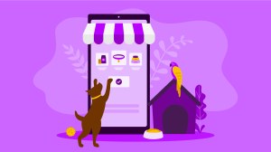 Dog ordering pet supplies on a mobile phone app, representing Pets at Home leveraging AI opporunities in Europe.