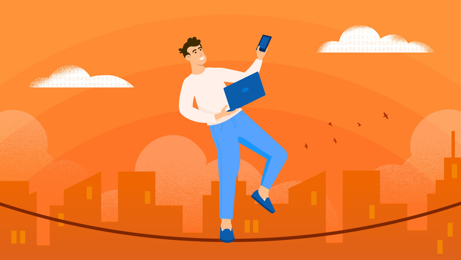 Man balances on a tightrope above a city, holding a laptop and phone, symbolising balance between data and personalisation.