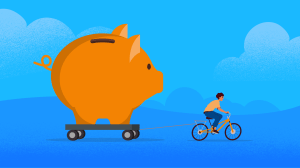 CMO biking, pulling giant piggy bank, securing marketing budget. Zero-based budgeting.