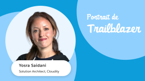 Carte bleue au design de Salesforce, avec le portrait de Yosra Saidani