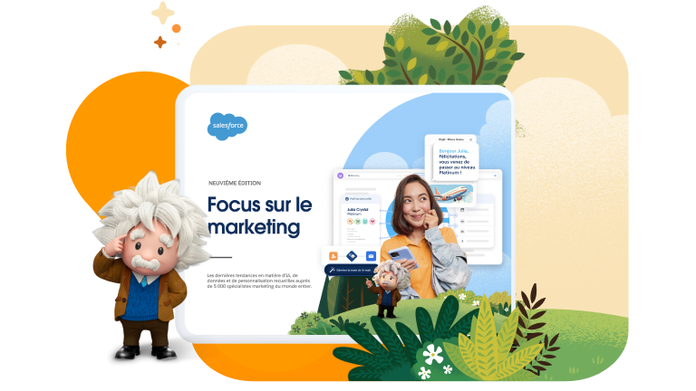 Couverture du rapport Focus sur le marketing accompagné d'un Einstein et de plantes décoratives