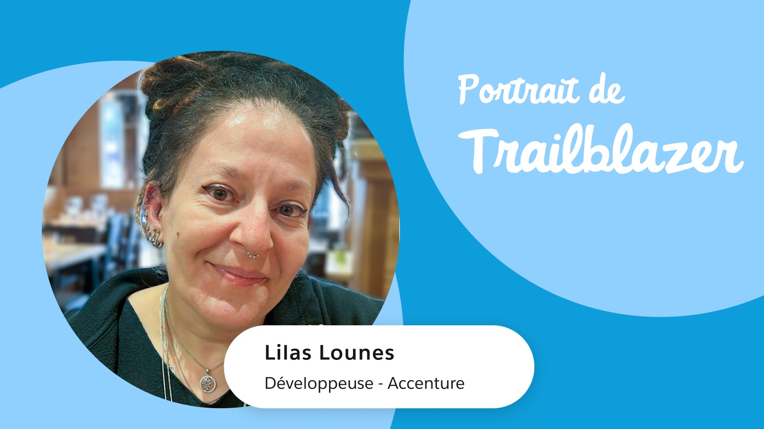 Portrait de Lilas Lounes, trailblazer en France, avec une mise en page à la charte de Salesforce