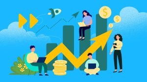 Reps executing a sales plan while standing and sitting next to a bar chart and piles of coins