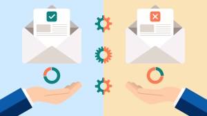 Illustration of email A/B testing: two email envelopes opened, showing different metrics of success