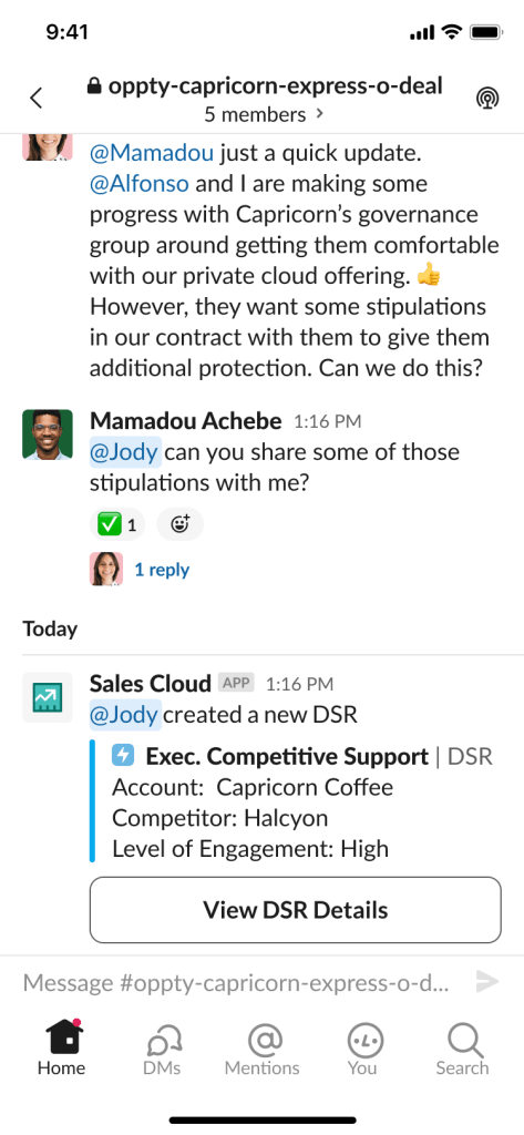 Slack-First Sales - Deal Room on Mobile Device