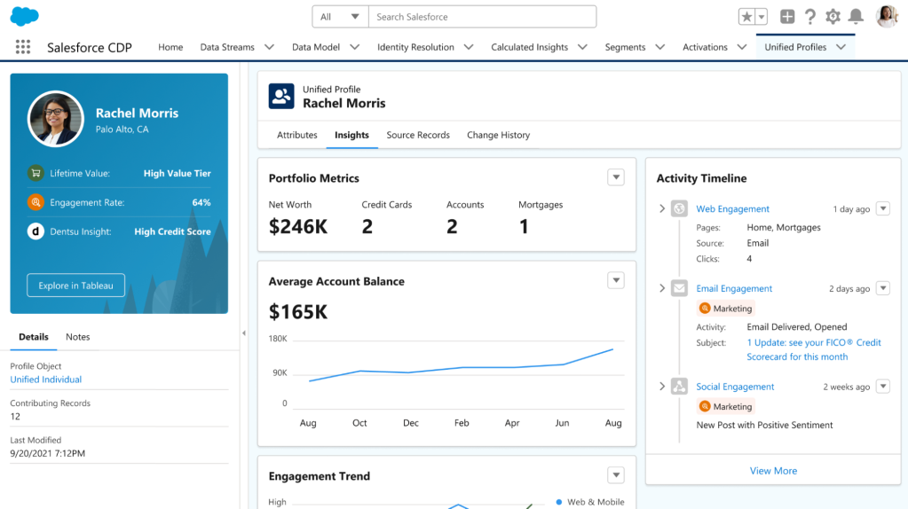 With Customer Data Platform, organizations can automatically unify data from any source to create a comprehensive view of clients, create targeted audience segments, and deliver personalized engagement