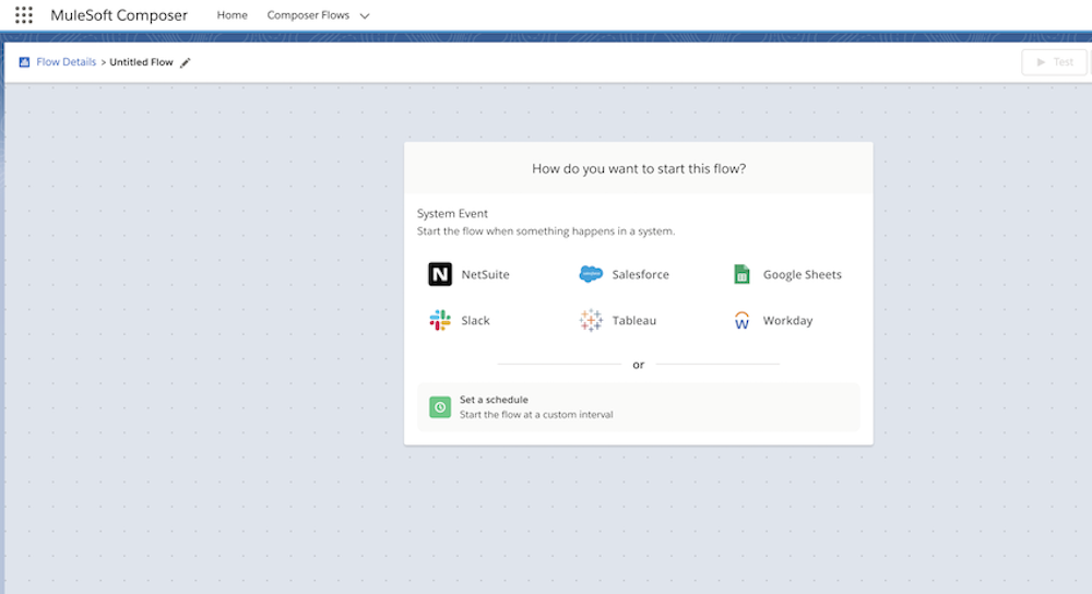 A screenshot of Mulesoft Composer's library of connectors