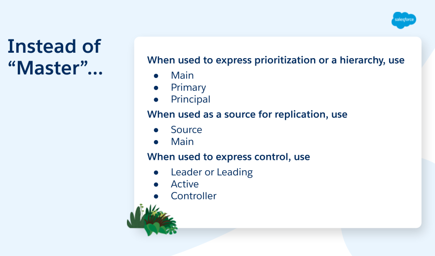 The slide reads: Instead of "Master," When used to express prioritization or a hierarchy, use main, primary, or principal. When used as a source for replication, use source or main. When used to express control, use leader or leading, active, or controller.