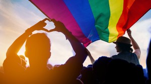 Silueta de personas, contra el sol, participando en una marcha, con una bandera LGBTQ+ encima.