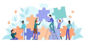 Teamwork, startup character flat vector illustration business concept with giant puzzle. Teamwork partnership metaphor. Team building training, project management, group motivation, brainstorming