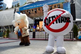 The salesforce characters SaaSy and Einstein celebrating Salesforce's 20th anniversary