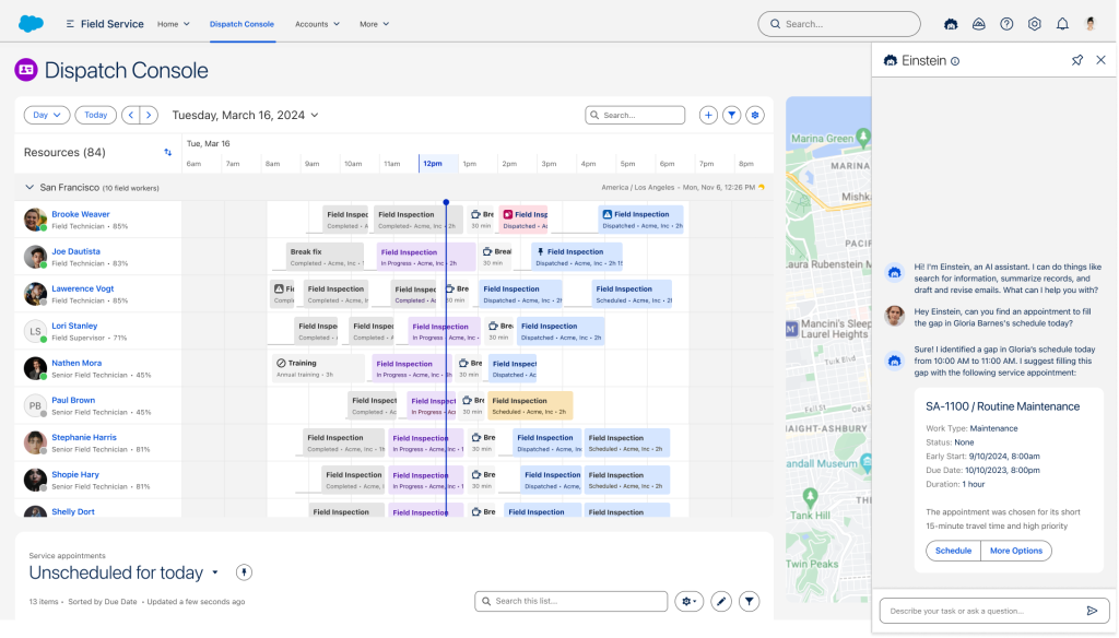 Agentforce for Dispatchers empowers dispatchers to easily identify risks and adjust appointments using a conversational interface.