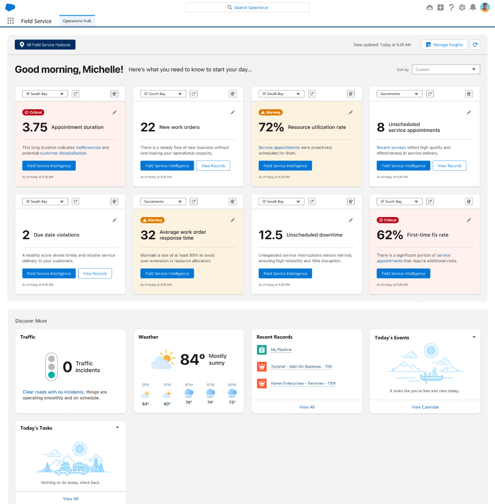 Field Service Operations Home is an AI-powered home page experience that uses real-time data to surface key insights.