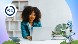 Woman at laptop reads MuleSoft's 10th annual Connectivity Benchmark report.