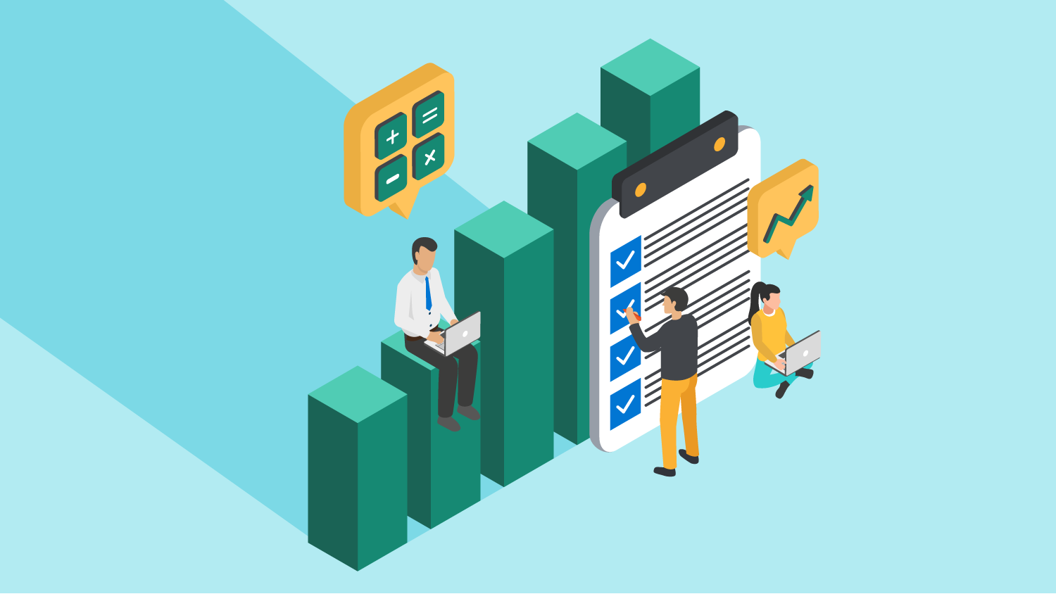 Illustration of a green bar chart representing financial services with a man and a woman on a laptop and a man checking off a checklist.